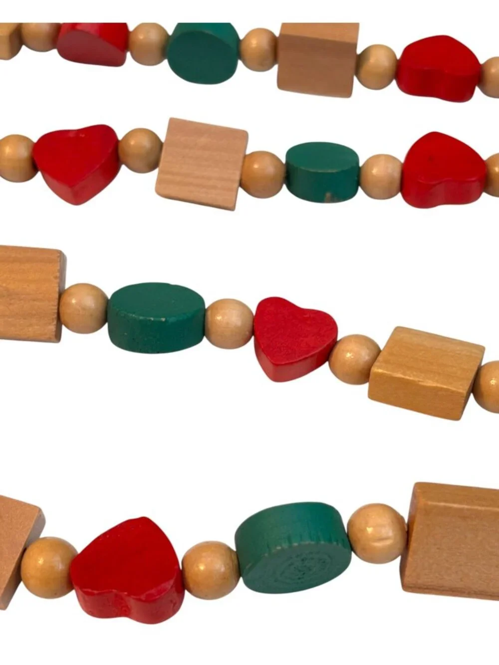 Vintage Wooden Bead Garland - Red Green & Natural Shapes - Heart Circle Square -